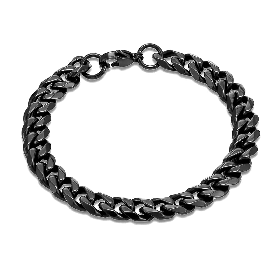 A 9mm black stainless steel Cuban link chain bracelet with a polished finish, shown on a clean white background.