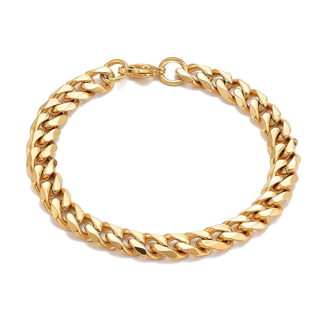 A gold-toned stainless steel Cuban link chain bracelet with a polished finish, shown on a clean white background.