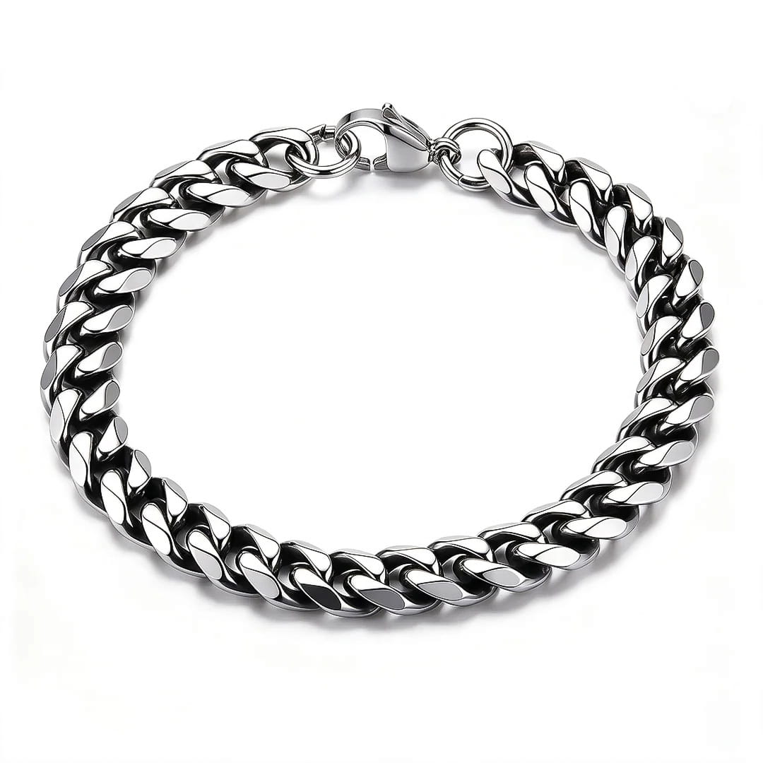 A 9mm oxidized silver-toned stainless steel Cuban link chain bracelet with a polished finish, shown on a clean white background.