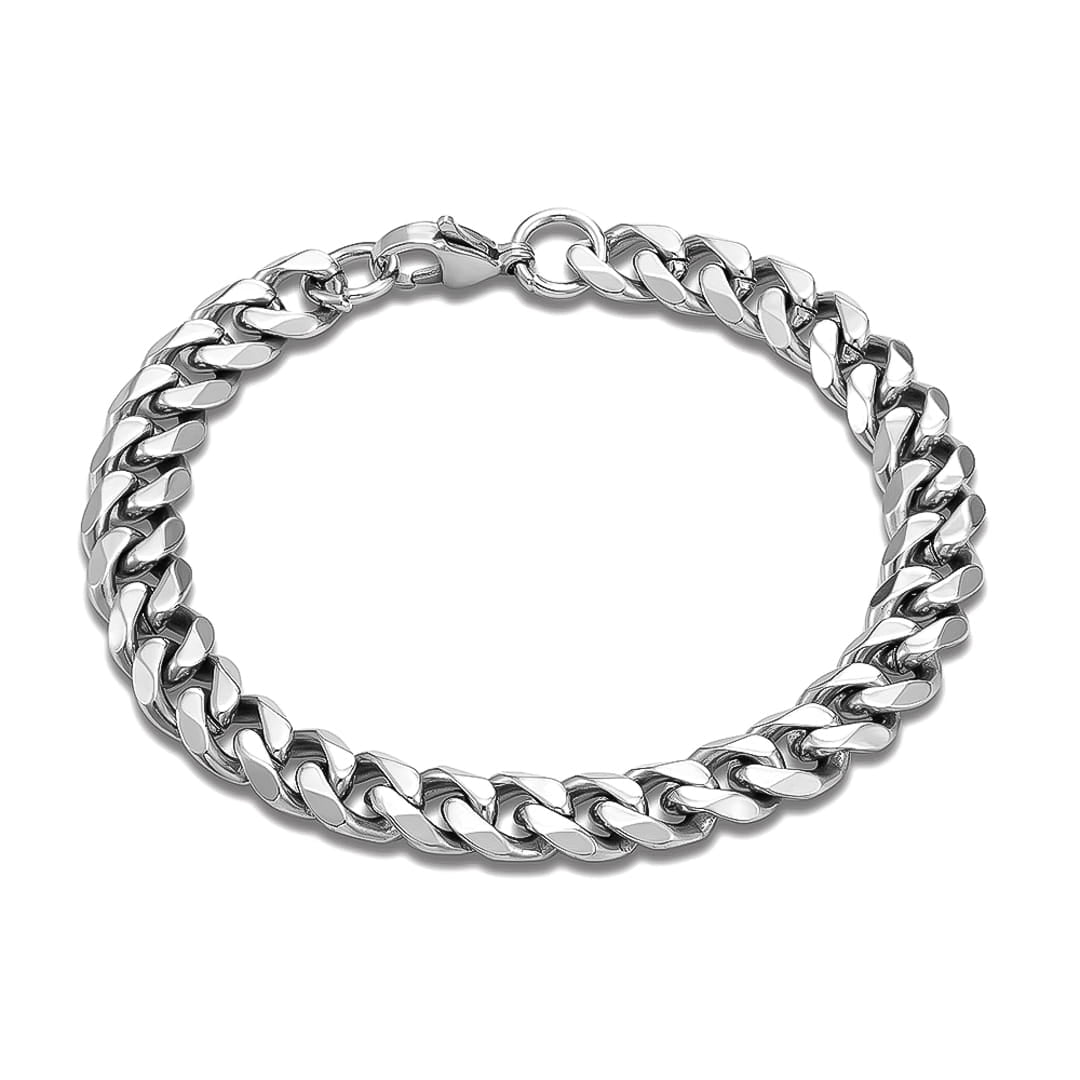 A silver-toned stainless steel Cuban link chain bracelet with a polished finish, shown on a clean white background.