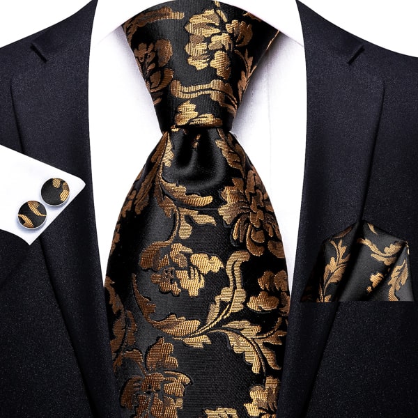 Black and gold floral silk necktie