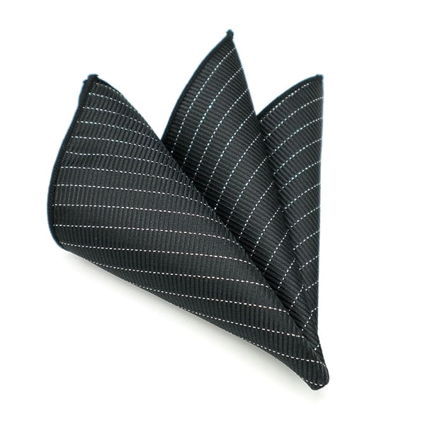 Black pocket square with thin white stripes