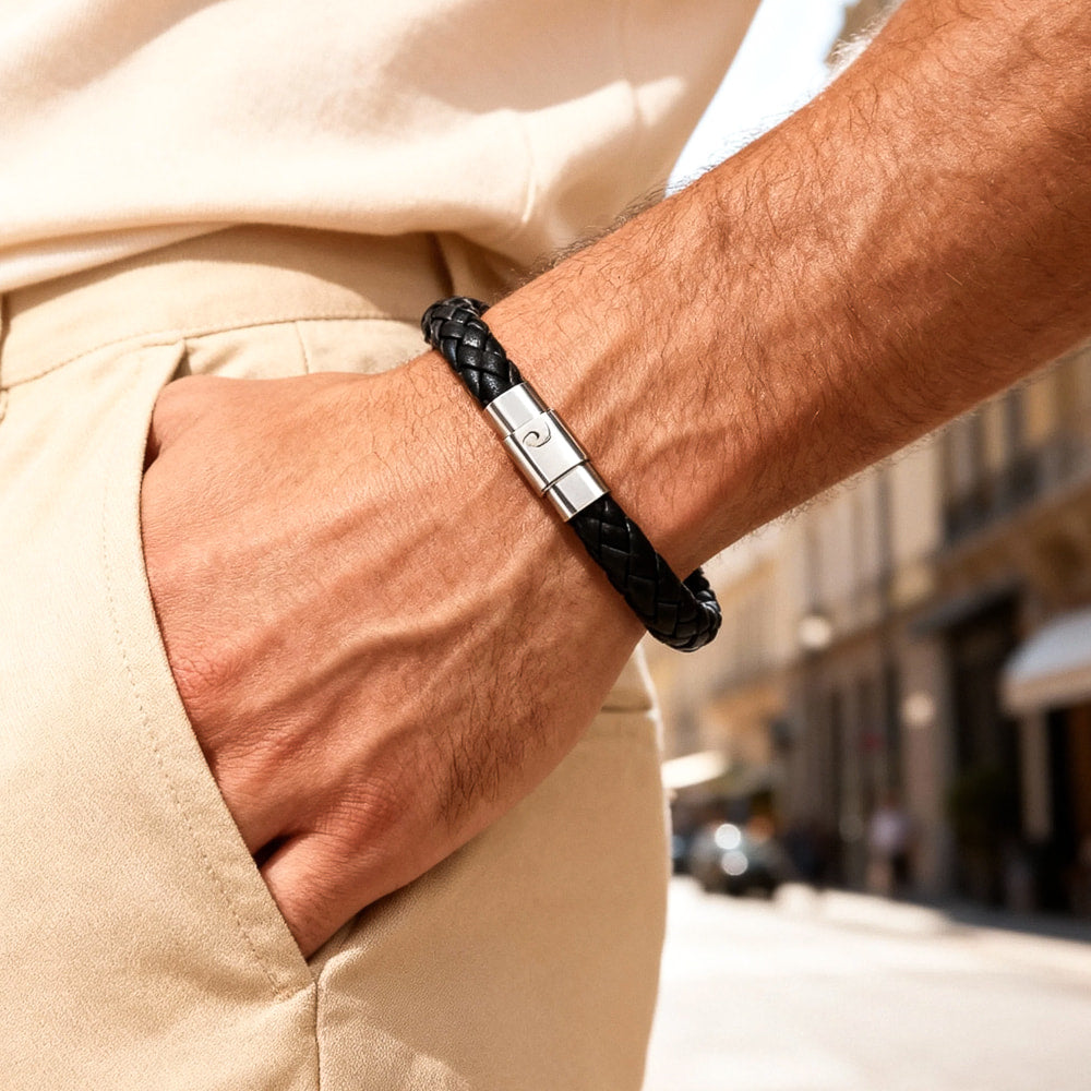 Black Magnetic Leather Bracelet | Classy Men Collection