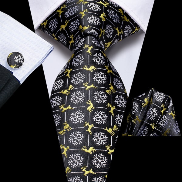 Black yellow gold winter silk tie displayed on a suit
