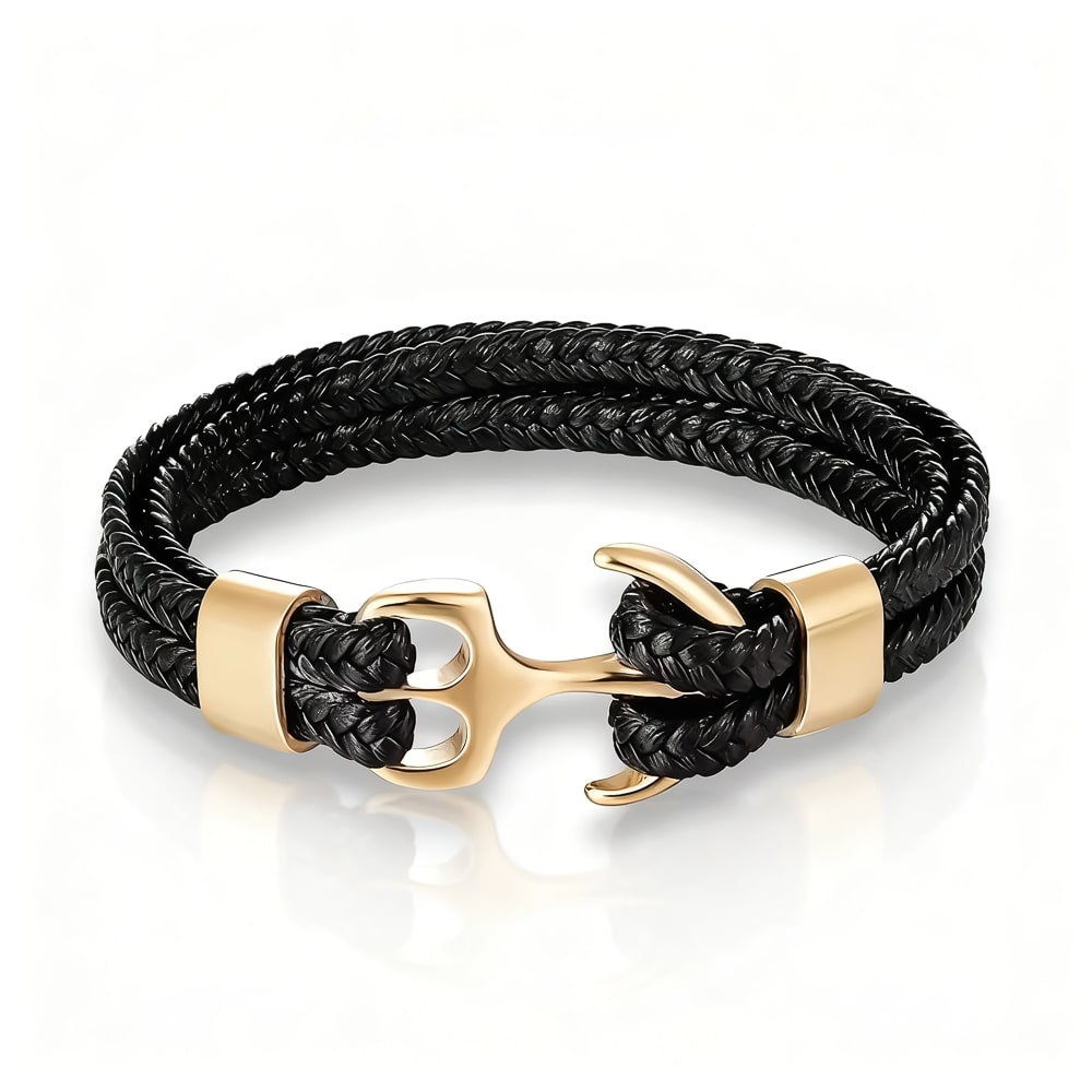 Black twin hook anchor bracelet with gold detailing