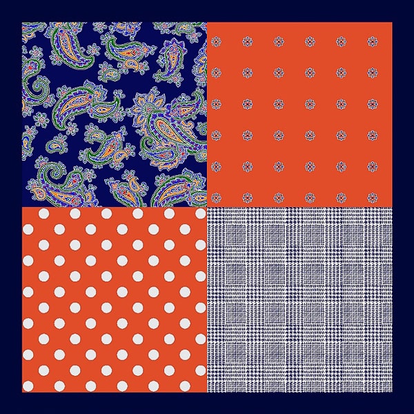 Navy blue and orange multi-pattern pocket square details