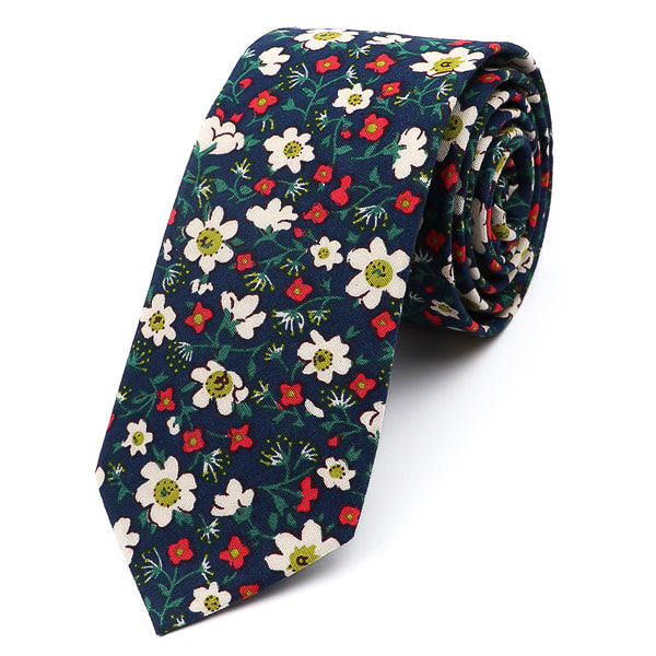 Blue cotton tie with red and white flowers