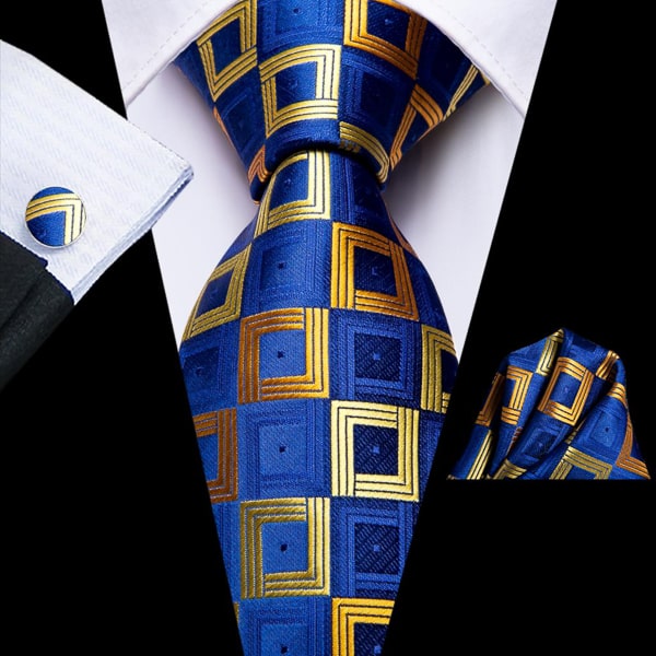 Blue gold squared silk tie, pocket square, and cufflinks on suit