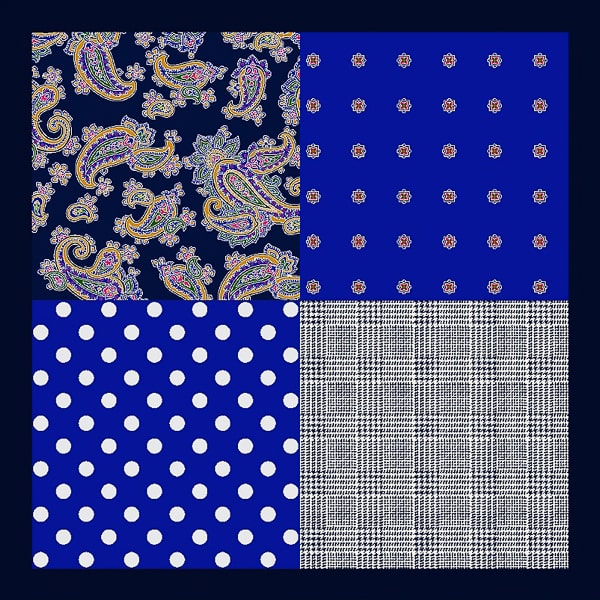 Bright blue multi-pattern pocket square details