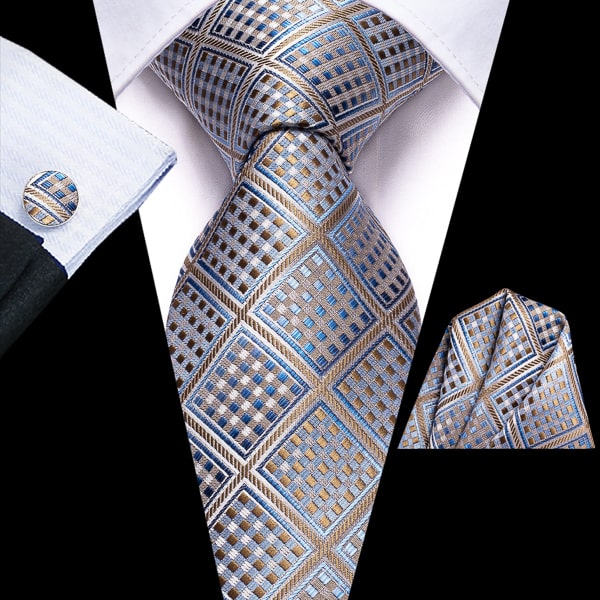 Champagne blue diamond silk tie displayed on a suit
