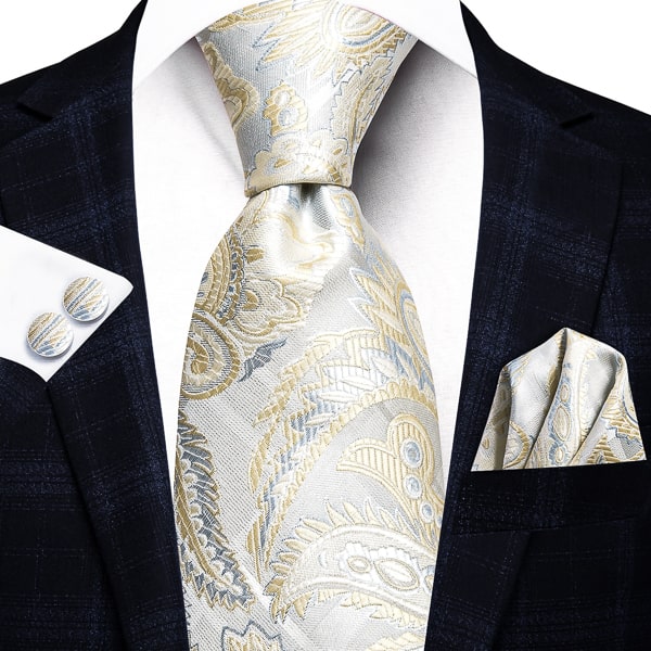 Classy Men Gold Silver Floral Paisley Silk Tie