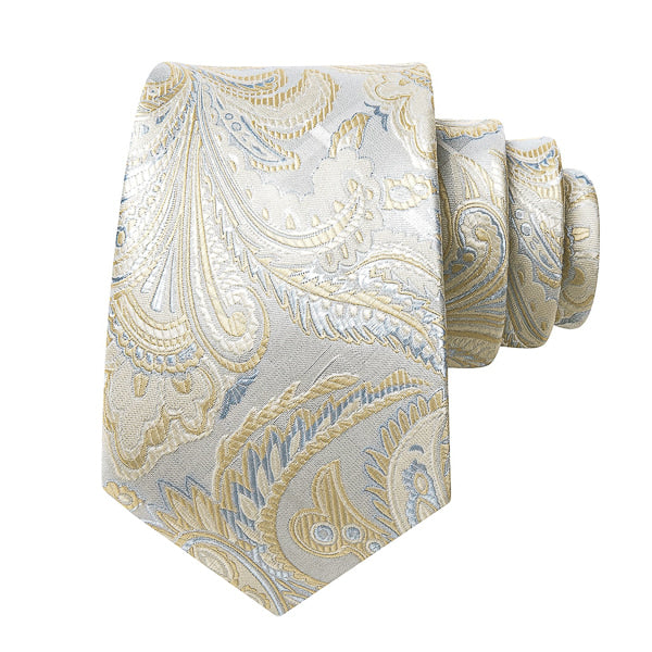Cravatta da uomo in seta paisley floreale oro argento di classe