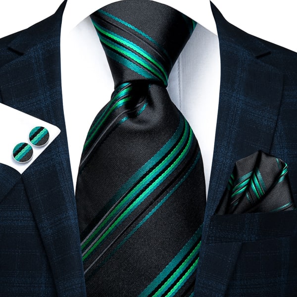Green and black striped silk tie for men