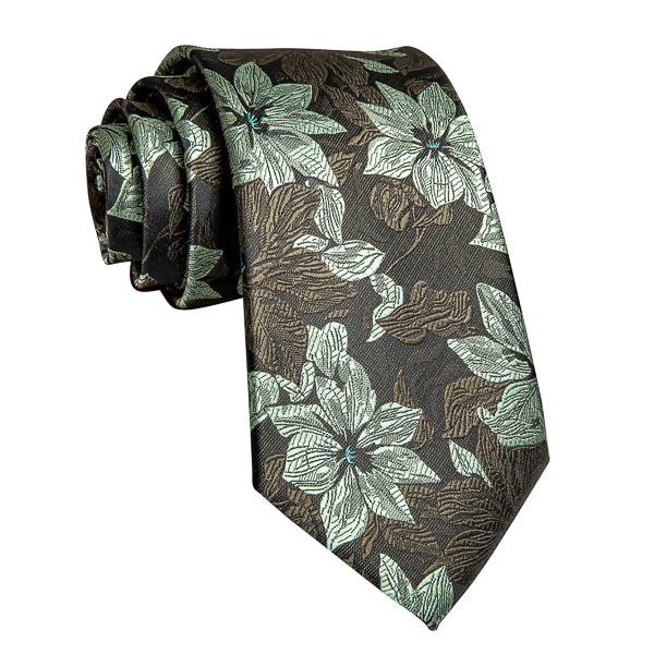 Green and brown floral silk tie