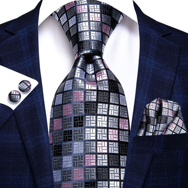 Grey and pink checkered silk necktie