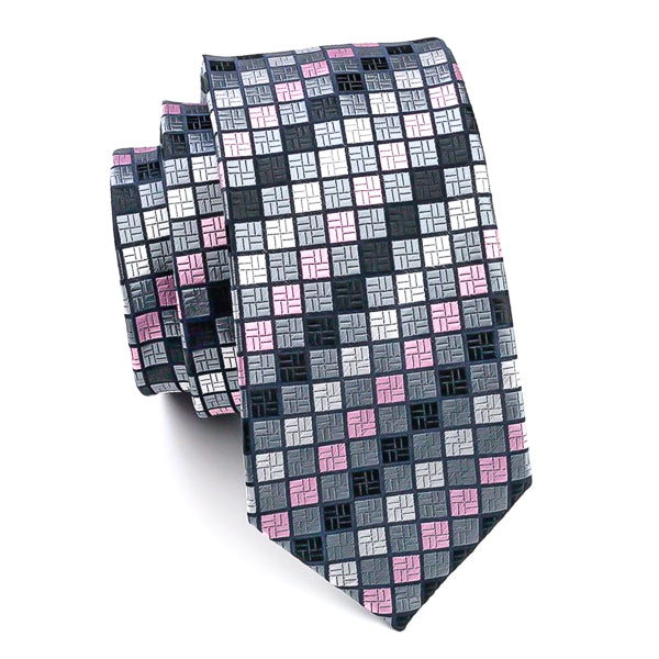 Grey and pink checkered silk tie