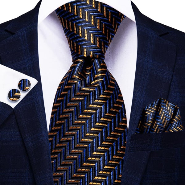 Midnight blue gold striped silk tie displayed on a suit