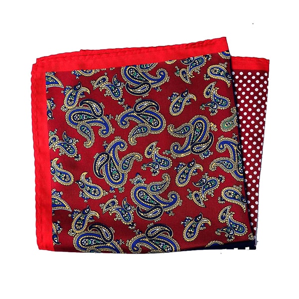 Red and navy blue multi-pattern pocket square
