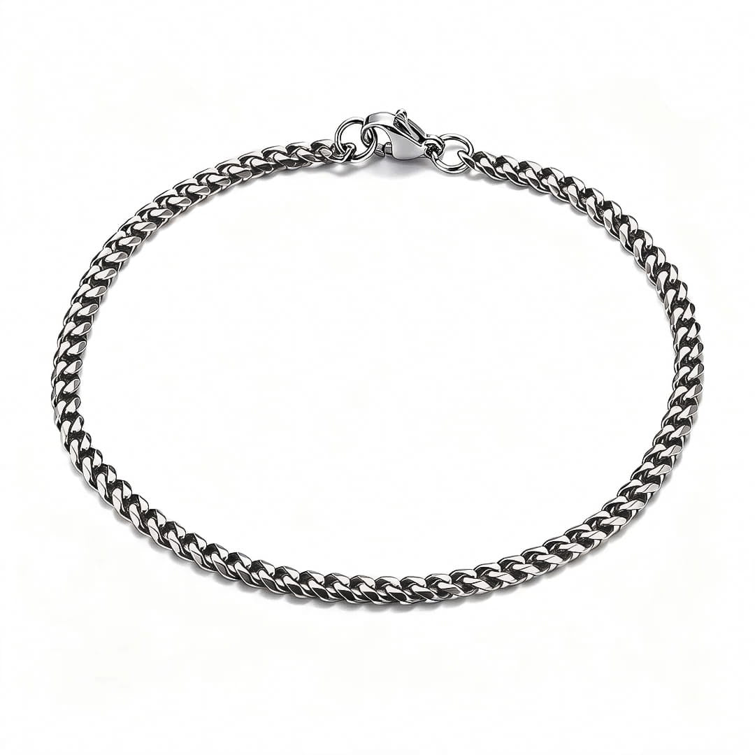 A 3mm oxidized silver-toned stainless steel Cuban link chain bracelet with a polished finish, shown on a clean white background.