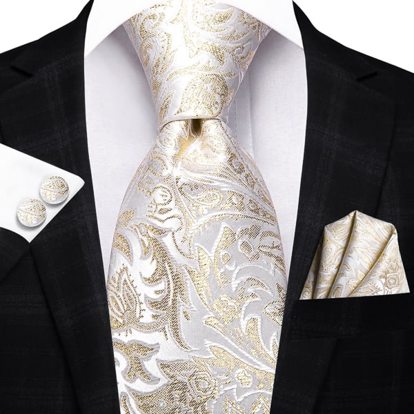 White gold metallic floral silk necktie