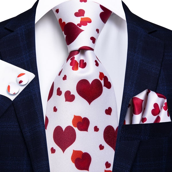 White red love heart silk tie displayed on a suit