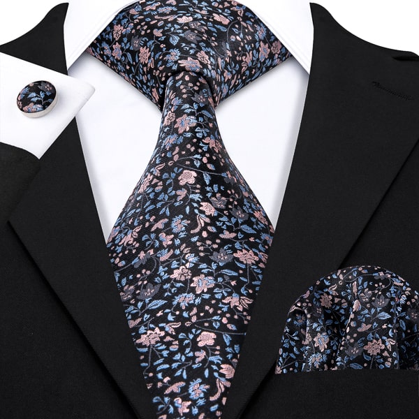 Baby blue and pink floral silk necktie