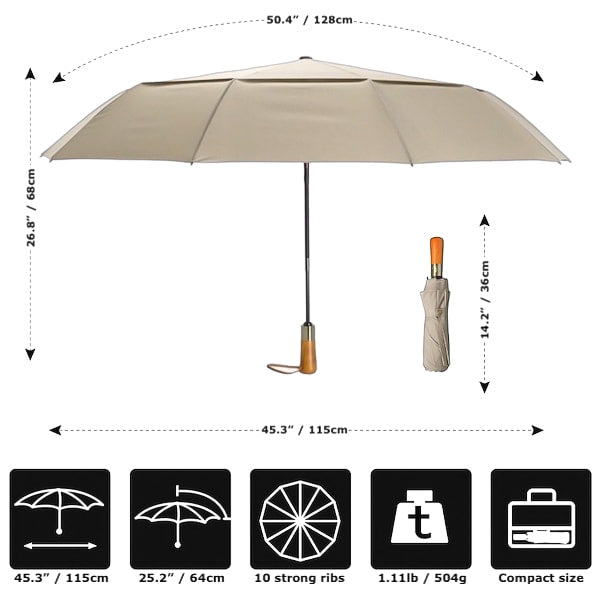 Details And Dimensions of the Beige Automatic Windproof Folding Umbrella