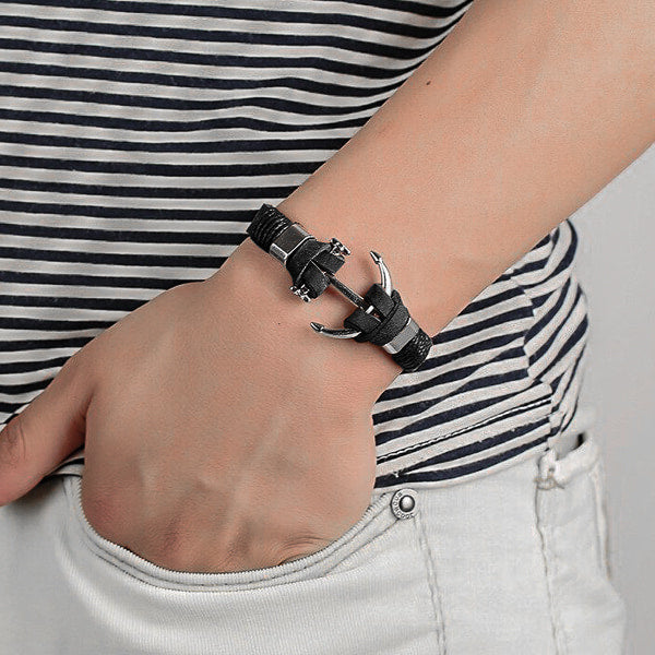 Black anchor leather bracelet for men