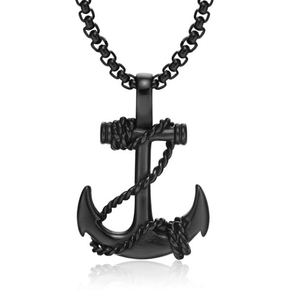 Mens Black Anchor Pendant Necklace On A Black Box Chain