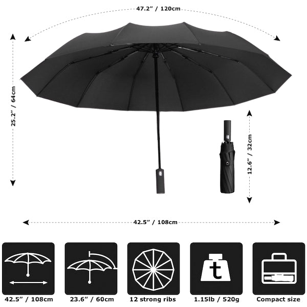 Dimensions for black automatic rain umbrella