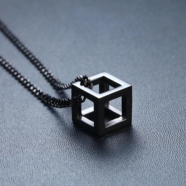 Black cube pendant on a black curb chain