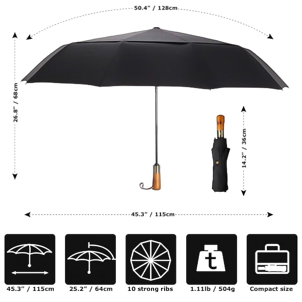 Details And Dimensions of the Black Automatic Windproof Folding Umbrella
