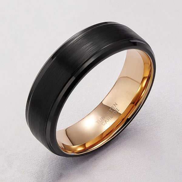 Black and gold tungsten band ring with brushed surface