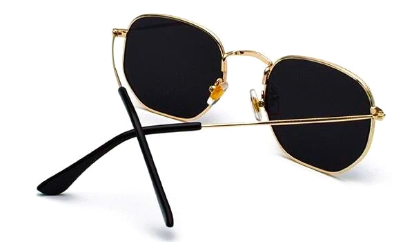 Hexagonal Sunglasses with Gold Frames and Black Lenses