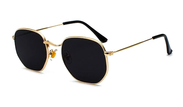 Hexagonal Sunglasses with Gold Frames and Black Lenses