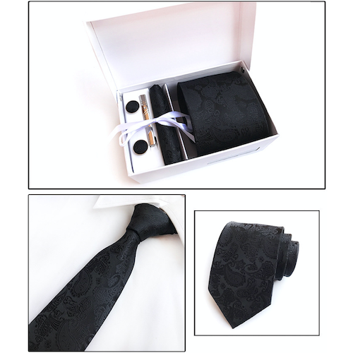 Black Paisley Suit Accessories Set for Men Including A Necktie, Tie Clip, Cufflinks & Pocket Square