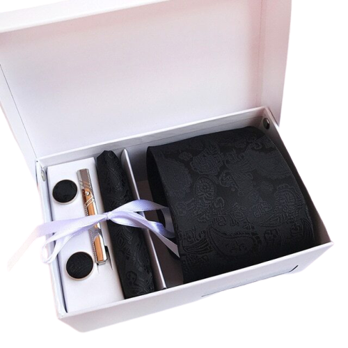 Black Paisley Suit Accessories Set With Necktie, Tie Clip, Cufflinks & Pocket Square