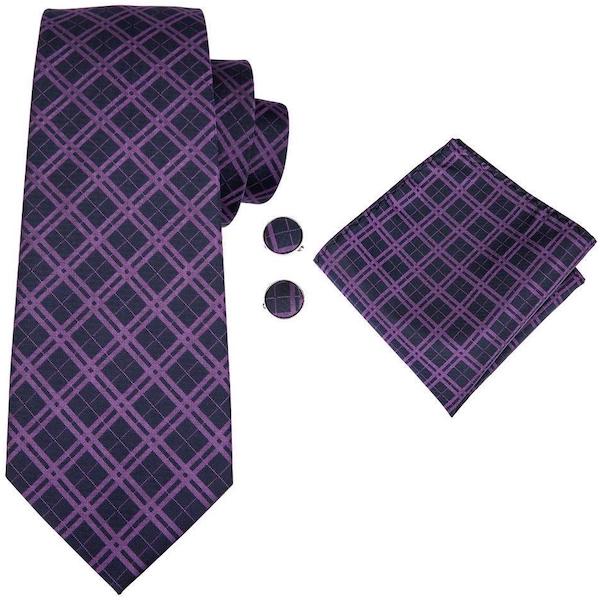 Black and purple tartan check silk tie set with matching pocket square and cufflinks