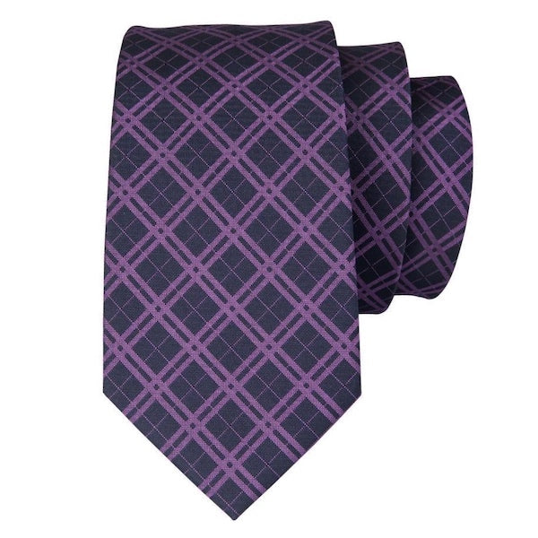 Black and purple tartan check silk tie