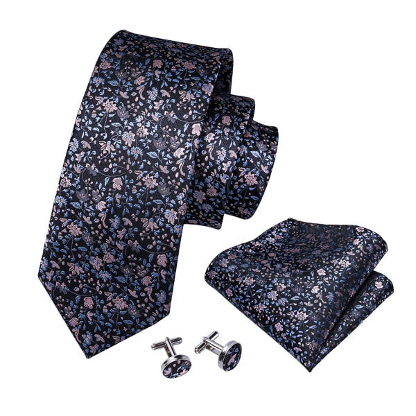 Black silk tie with baby blue and pink flowers