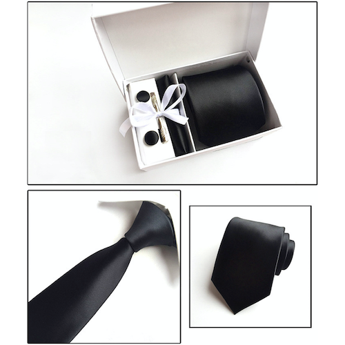 Black Suit Accessories Set for Men Including A Necktie, Tie Clip, Cufflinks & Pocket Square