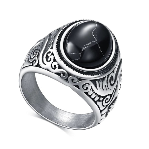 Solid 925 Sterling Silver Vintage Punk Simple Boys Ring with Natural Black  Onyx Square Stone Carving