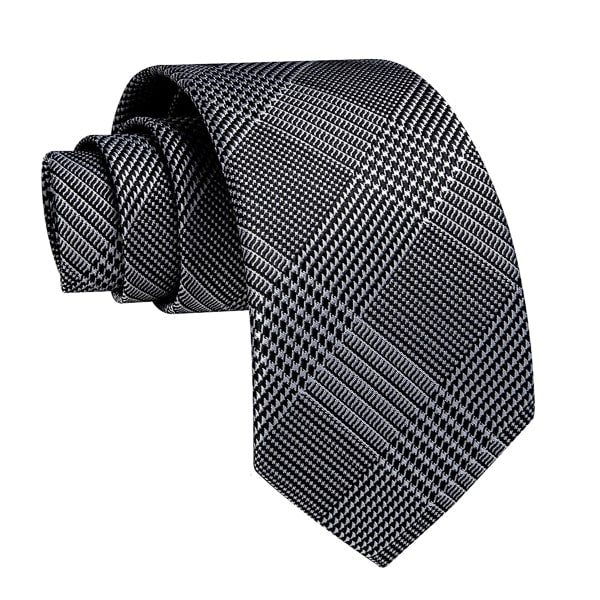 Black, white and grey glen plaid silk necktie
