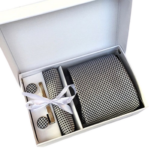 Black & White Houndstooth Suit Accessories Set With Necktie, Tie Clip, Cufflinks & Pocket Square