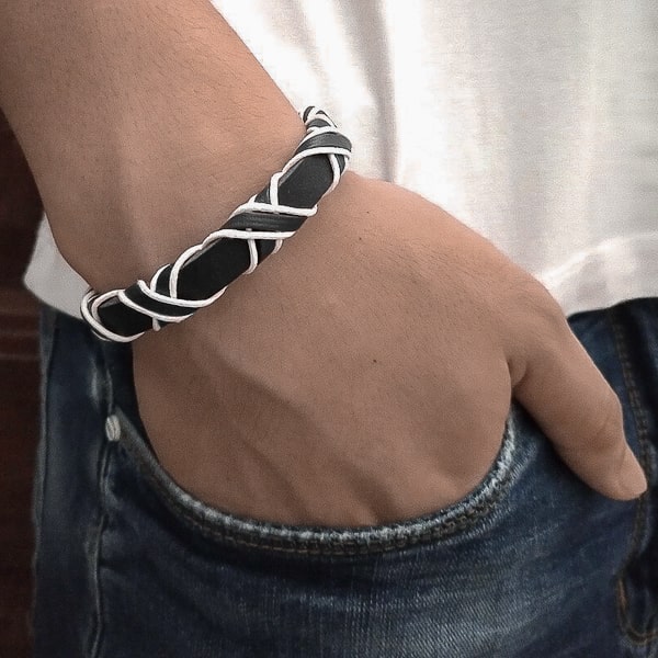 Black and white leather bracelet for men