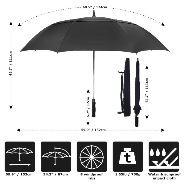 Size and weight details of the windproof black large golf umbrella