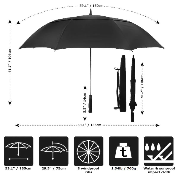 size details of the black large windproof umbrella