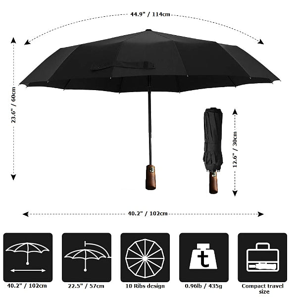 Size details of the black wooden handle travel umbrella