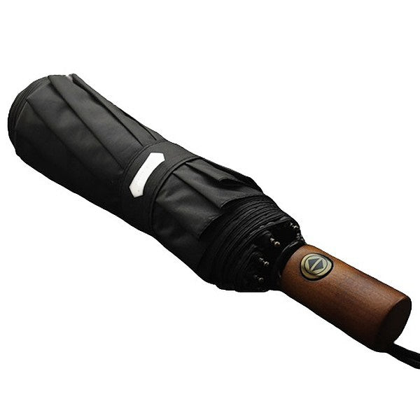 Black umbrella with a dark brown wooden handle