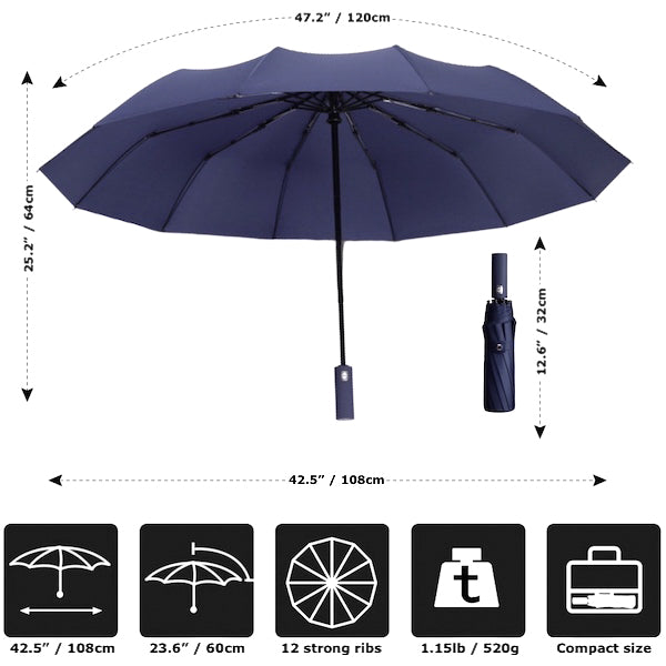 Dimensions of the blue automatic rain umbrella